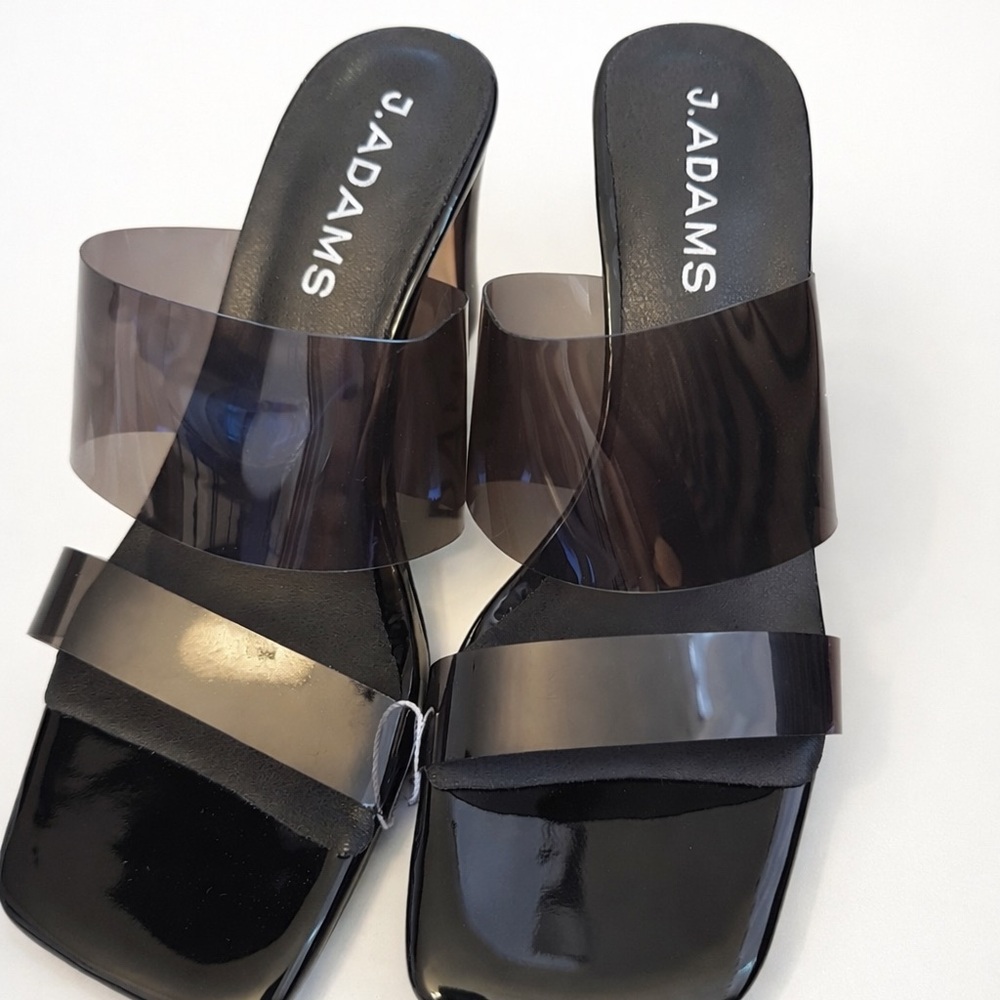 J.Adams Black Patent Slide Mules with Smoky Translucent Straps